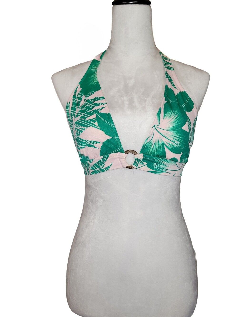 Xhilaration Pink Green Tropical Print Halter Bikini Top O-Ring Front Size XL